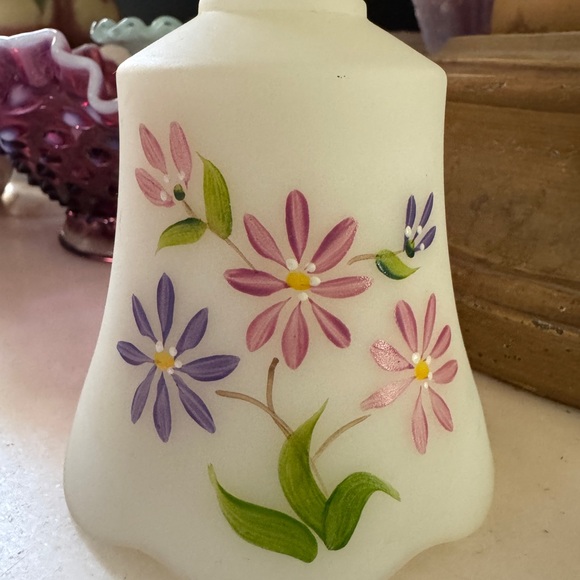 Fenton White Satin Glass Bell – Hand Painted Floral by J. Powell - Picture 2 of 5